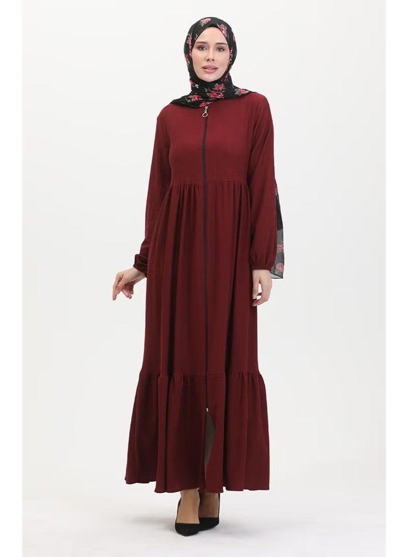Sefa Merve عباءة مزخرفة بسحاب من قماش البيرومجوك 1018-09 أحمر قاني - Image 2